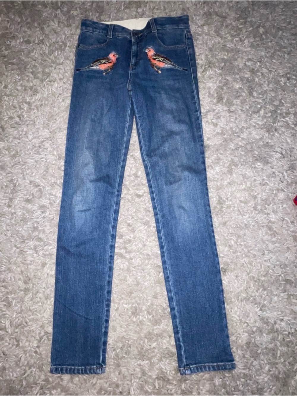 STELLA MCCARTNEY JEANS SKINNY BLUE DENIM PANTS BIRD EMBROIDERY Sz 26